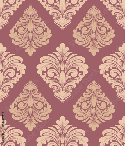 Damask seamless beige floral pattern and red background, vintage and luxury, vector illustration elegant for textile, wall paper, bedding, curtains, cushion cover, upholstery fabric, rug, fashion