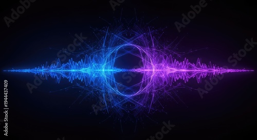 Subtly glowing dark blue and purple abstract backdrop illustrating profound energy fields, sound vibrations, and geometric complexity, deep, profound, fractal