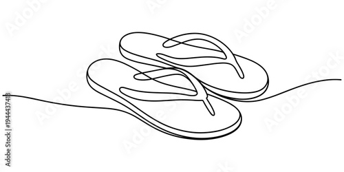 Flip flops beach in continuous one line drawing, Flip Flops Thong Sandals Single Line Drawing with Editable Stroke, One continuous line drawing of slippers for beach. summer party. Single line draw.