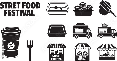 Street Food Festival Icons and Food Truck Illustrations