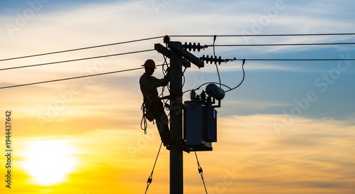 Silhouette of a dedicated electrician working on a utility pole with a transformer against a dramatic and vibrant sunset sky, ensuring essential power infrastructure.