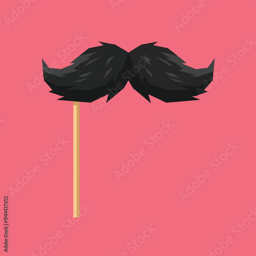 Black fake mustache on a stick prop illustration for photo booth or masquerade party on pink background representing facial hair disguise and humor