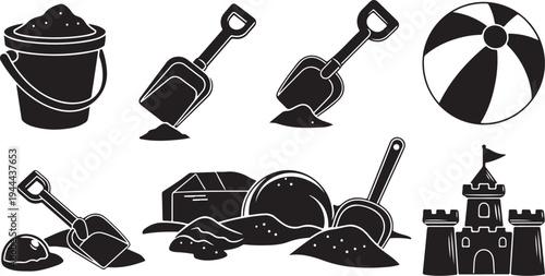Black and white beach icons and sand toys illustration