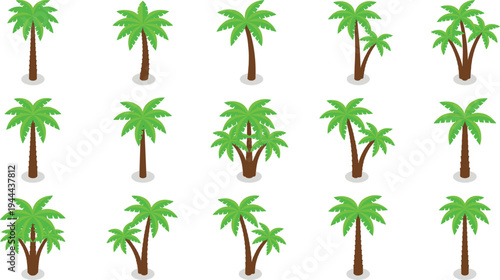 Tropical Palm Tree Cartoon Icon Set with Green Coconut Palms, Exotic Island Plants and Summer Beach Nature Elements for Travel, Vacation and Landscape Design