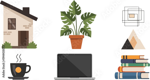 Cozy home scene with a plant, laptop, coffee, books, and abstract shapes