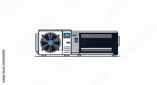 A modern air conditioning unit with a fan and sleek casing