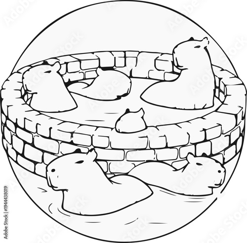 Cute capybaras relaxing in a brick hot tub, a charming scene