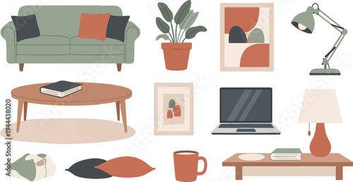 Cozy living room elements sofa, tables, lamps, plant, art, and book