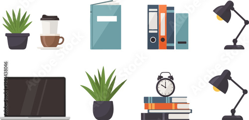 Desk essentials laptop, plants, books, coffee, and lamps