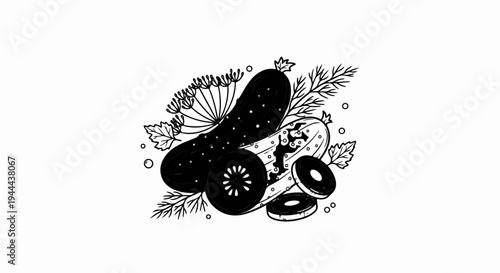 Dill pickles with dill sprigs and sliced pickles on a white background