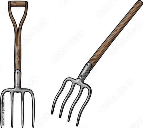 Garden pitchfork tools with wooden handles and metal prongs, farming and gardening equipment illustration isolated for agriculture and yard work vector design