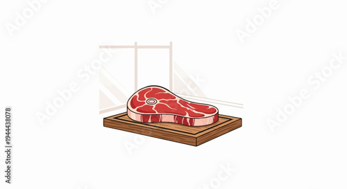 A raw steak with marbling sits on a wooden cutting board