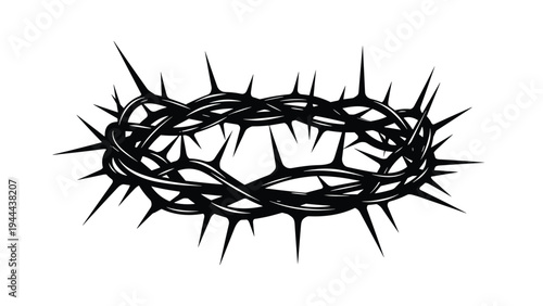 Dramatic black and white illustration of a crown of thorns often used for religious, symbolic, or historical themes.