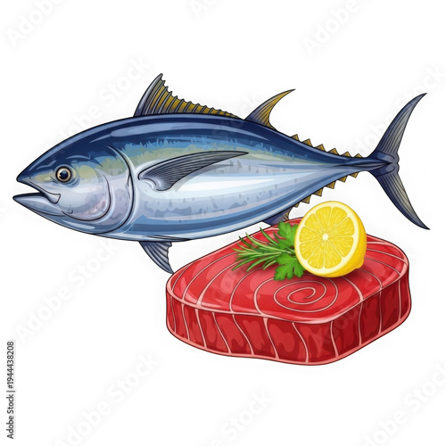 Tuna fish on top of raw red sushi with lemon and parsley isolated on transparent background