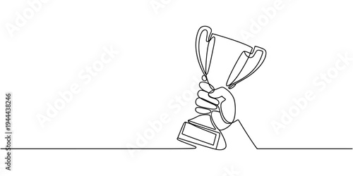 Continuous one line drawing of hand holding trophy cup award. Winner achievement trophy hand drawn vector illustration.