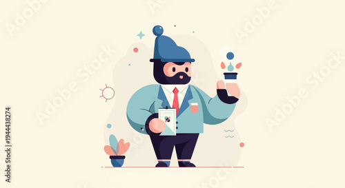 Animated man in blue hat, suit, holding clipboard and beaker with drips