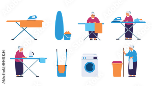 Senior woman character kit performing various domestic chores like ironing, washing, and sweeping in a flat vector style.