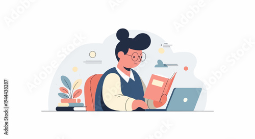 Animated character studies with a book and laptop in a stylized setting