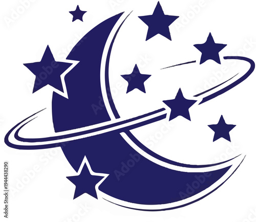 A dark blue crescent moon with stars orbiting