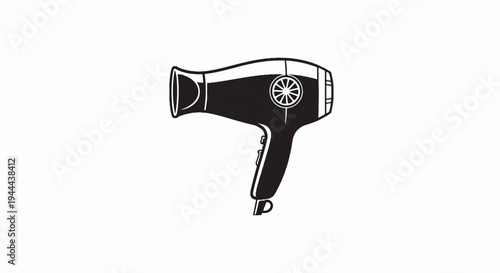 Black and white illustration of a handheld hair dryer on a white background