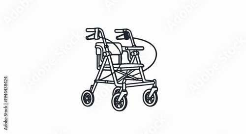 A simplified line drawing of a four-wheeled walker with a seat and bag