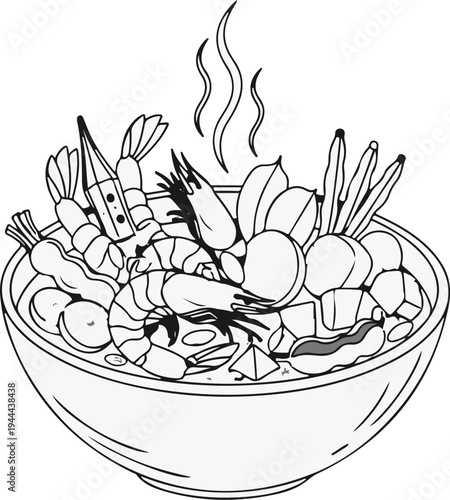 A steaming bowl overflowing with shrimp and various vegetables and herbs