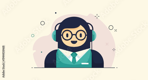 Friendly cartoon person with headphones and glasses, professional attire