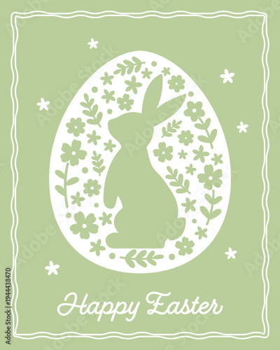 Pastel Holiday Easter Rabbit and Floral Egg Silhouette vector illustration.
Easter bunny and egg-shaped greeting card with elegant floral pattern. SVG.