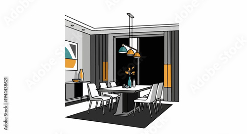 Minimalist dining room with modern furniture and abstract art