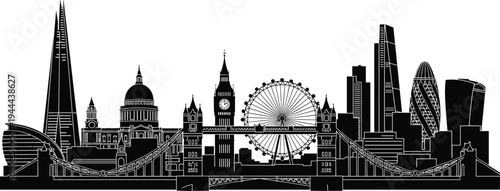London skyline silhouette with Tower Bridge Big Ben London Eye Shard city landmarks vector illustration travel architecture cityscape