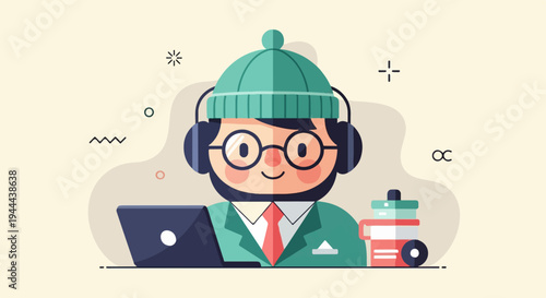 Cheerful person in a beanie and headphones with a laptop and books