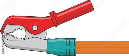 A battery terminal clamp connects to a car battery with a jumper cable. Clear, bright illustration for technical or automotive concepts. Professional, informative.