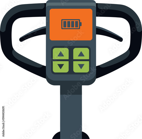 Close-up of a pallet jack handle control with a battery indicator. Modern, clean design. Ideal for logistics, warehousing, and material handling visuals.