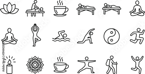 Yoga and Wellness Outline Icon Set with Meditation Pose, Lotus Flower, Massage Therapy, Tea Cup, Yin Yang Symbol, Stretching Exercise and Healthy Lifestyle Signs