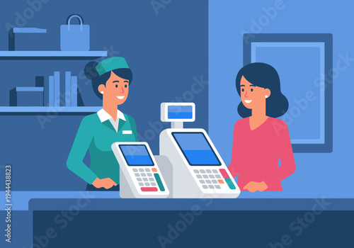 A friendly boutique staff member assists a customer at the checkout. Transaction successful. Clean, modern retail setting. Bright colors and professional atmosphere.