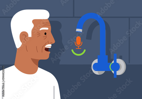 An elderly man uses voice control to operate a smart faucet. Modern technology meets senior living. Clean, graphic illustration.