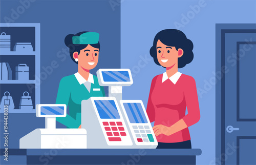 A friendly boutique staff member assists a customer at the checkout. Transaction success is visually emphasized with a clean, modern design.