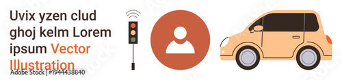 Transportation, connectivity, navigation, smart systems, traffic control, urban mobility. Car icon, traffic light symbol and user profile element. Transportation and connectivity concept