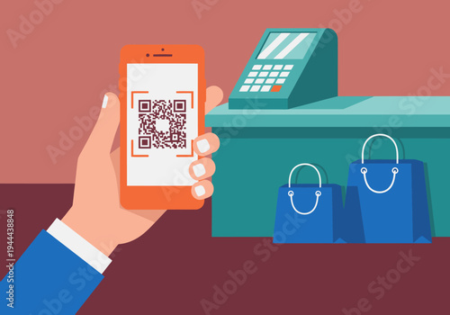 A hand holds a smartphone displaying a QR code, scanning at a checkout kiosk. Shopping bags are visible in the background. Modern, vibrant illustration for payment concepts.