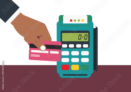 A hand uses a card reader to process a transaction on a digital calculator. Clean, modern design with bright colors. Suitable for business and finance concepts.