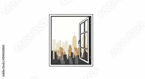 Open window reveals stylized city skyline with muted colors and wind streaks