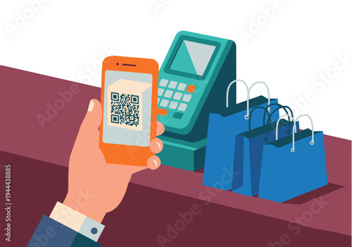 A hand scans a QR code at a payment terminal, with shopping bags nearby. Modern, vibrant illustration for boutique payment systems.