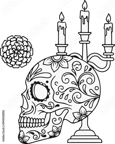 Ornate skull with floral patterns and lit candles in a candelabra, with a flower