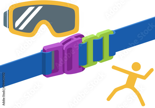 Isometric illustration showcases strap connector for sport goggles featuring a bold -III- logo and related elements Clean modern design with vibrant colors Ideal for product visuals and marketing