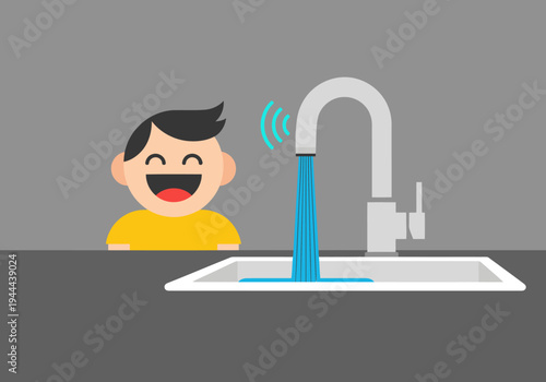 A smiling young man interacts with a smart kitchen faucet, showcasing joyful tech. Modern kitchen setting with bright colors and clean design.