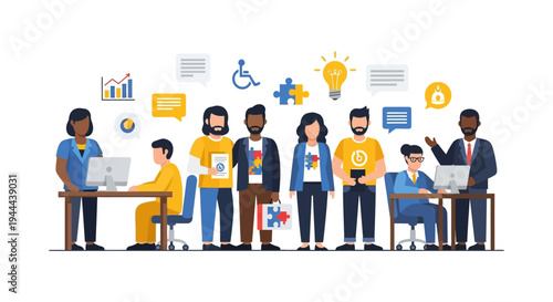 Diverse Business Team Collaboration & Workplace Inclusion. Professional Group with Icons for Teamwork, Innovation & Disability Support.