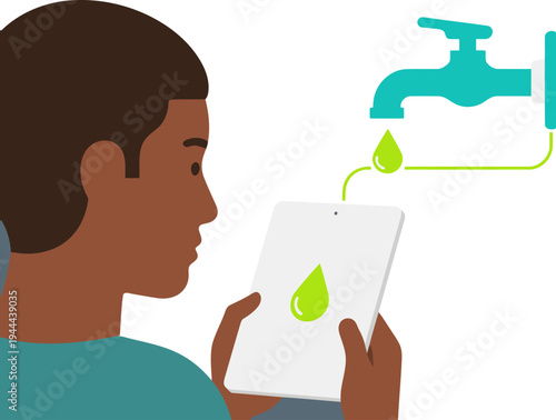 A young man monitors water usage on a tablet, showcasing smart water conservation. Clean, modern illustration with a focus on sustainability and technology.