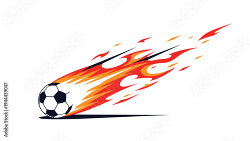 Dynamic illustration of a soccer ball traveling at high speed with a trail of orange and red flames against a white background.
