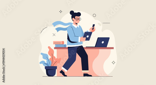Person walking with tablet and phone near desk with laptop and plant