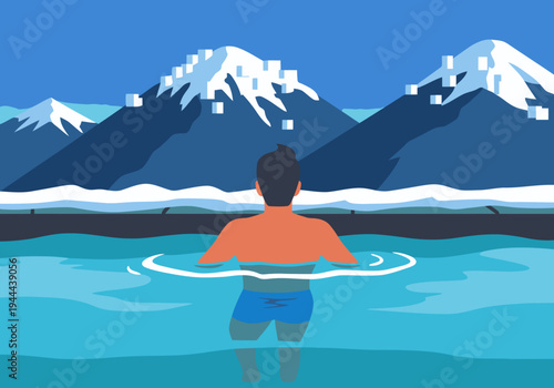 A man relaxes in a hot spring overlooking the majestic Mount Fuji. A serene winter scene with a clear blue sky and snow-capped peaks. Perfect for travel and wellness imagery.